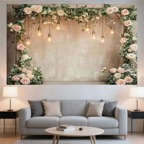 7x5ft Country Wedding Photography Backdrop Floral Rustic Roses Farmhouse Wooden Door Backdrop Pink Flower, alternate view 7