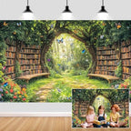 7X5ft Enchanted Forest Fairy Library Backdrop Fairy Tale Magic Bookshelf Green Garden Book Tree Floral Butterfly