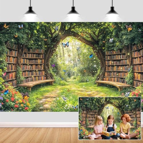 7X5ft Enchanted Forest Fairy Library Backdrop Fairy Tale Magic Bookshelf Green Garden Book Tree Floral Butterfly