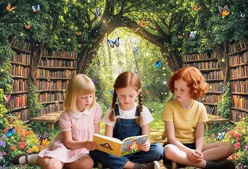 7X5ft Enchanted Forest Fairy Library Backdrop Fairy Tale Magic Bookshelf Green Garden Book Tree Floral Butterfly, alternate