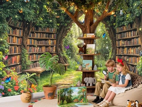 7X5ft Enchanted Forest Fairy Library Backdrop Fairy Tale Magic Bookshelf Green Garden Book Tree Floral Butterfly, alternate