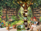 7X5ft Enchanted Forest Fairy Library Backdrop Fairy Tale Magic Bookshelf Green Garden Book Tree Floral Butterfly, alternate