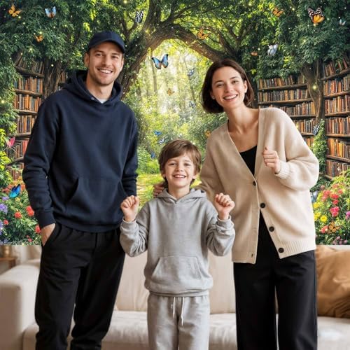 7X5ft Enchanted Forest Fairy Library Backdrop Fairy Tale Magic Bookshelf Green Garden Book Tree Floral Butterfly, alternate