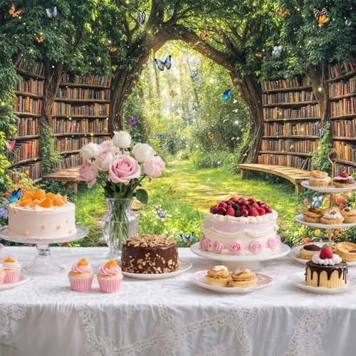 7X5ft Enchanted Forest Fairy Library Backdrop Fairy Tale Magic Bookshelf Green Garden Book Tree Floral Butterfly, alternate