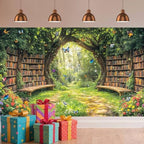 7X5ft Enchanted Forest Fairy Library Backdrop Fairy Tale Magic Bookshelf Green Garden Book Tree Floral Butterfly, alternate