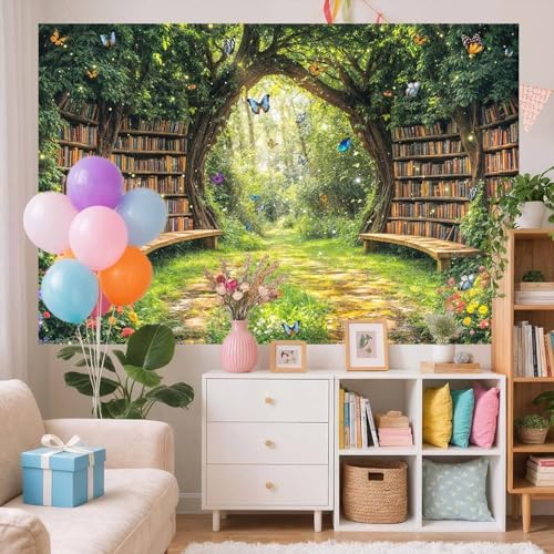 7X5ft Enchanted Forest Fairy Library Backdrop Fairy Tale Magic Bookshelf Green Garden Book Tree Floral Butterfly, alternate