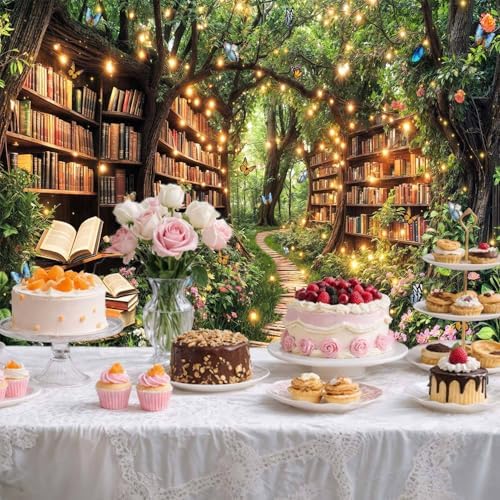 7X5ft Enchanted Forest Fairy Library Backdrop Fairy Tale Magic Bookshelf Green Garden Book Tree Floral Butterfly, alternate
