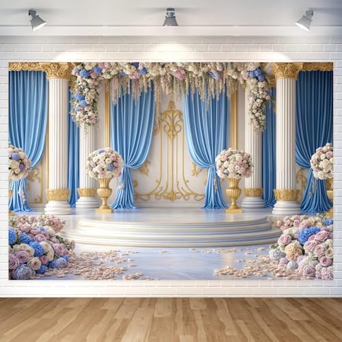 7X5ft Luxurious Blue and White Floral Backdrop for Photography Castle Palace Wedding Party Decortion Elegant