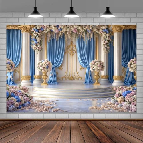 7X5ft Luxurious Blue and White Floral Backdrop for Photography Castle Palace Wedding Party Decortion Elegant, alternate view