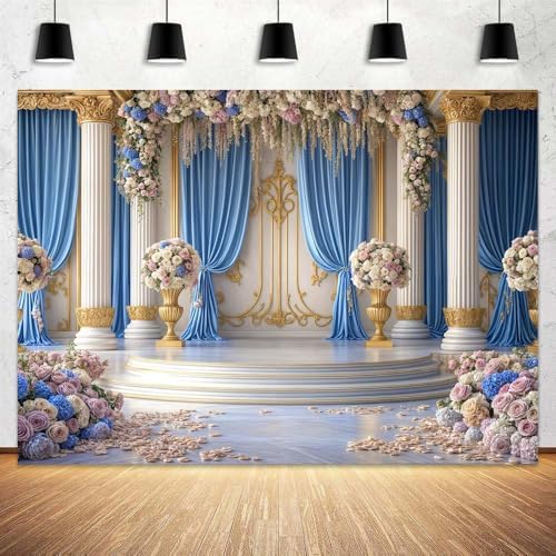 7X5ft Luxurious Blue and White Floral Backdrop for Photography Castle Palace Wedding Party Decortion Elegant, alternate view