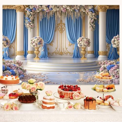 7X5ft Luxurious Blue and White Floral Backdrop for Photography Castle Palace Wedding Party Decortion Elegant, alternate view
