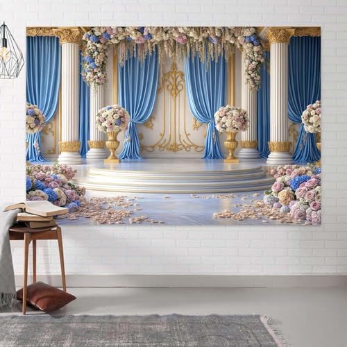 7X5ft Luxurious Blue and White Floral Backdrop for Photography Castle Palace Wedding Party Decortion Elegant, alternate view