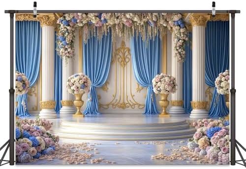 7X5ft Luxurious Blue and White Floral Backdrop for Photography Castle Palace Wedding Party Decortion Elegant, alternate view
