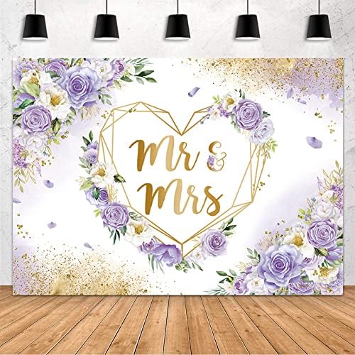 7x5ft Mr & Mrs Backdrop for Bridal Shower Purple and White Floral Photography Background Hearts Geometric Couple