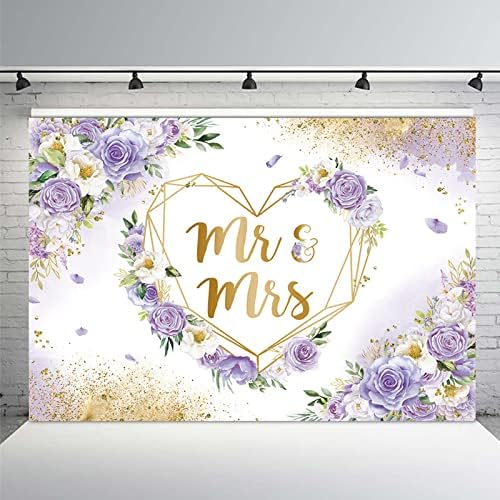 7x5ft Mr & Mrs Backdrop for Bridal Shower Purple and White Floral Photography Background Hearts Geometric Couple, alternate