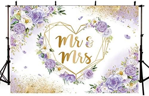 7x5ft Mr & Mrs Backdrop for Bridal Shower Purple and White Floral Photography Background Hearts Geometric Couple, alternate