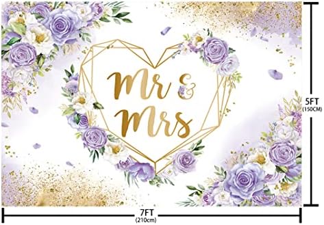 7x5ft Mr & Mrs Backdrop for Bridal Shower Purple and White Floral Photography Background Hearts Geometric Couple, alternate
