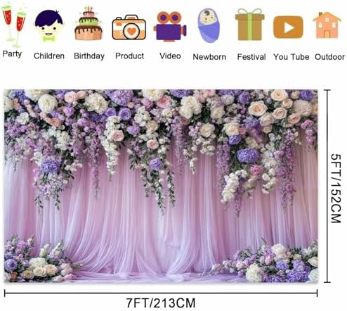 7x5ft Purple Lavender Floral Bridal Backdrop Wedding Flower Photography Backdrop for Girl Portrait Baby Shower, alternate