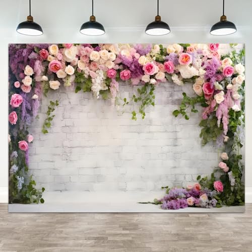 7x5ft Retro White Brick Wall Floral Backdrop Vine Leaves Rose Flowers Photography Background Bridal Shower