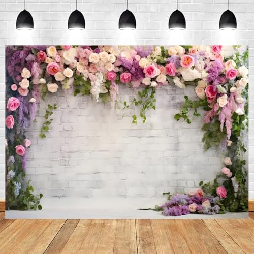 7x5ft Retro White Brick Wall Floral Backdrop Vine Leaves Rose Flowers Photography Background Bridal Shower, alternate view 2