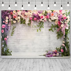 7x5ft Retro White Brick Wall Floral Backdrop Vine Leaves Rose Flowers Photography Background Bridal Shower, alternate view 3