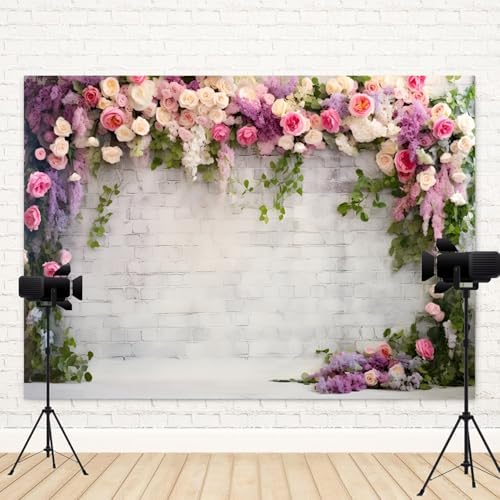 7x5ft Retro White Brick Wall Floral Backdrop Vine Leaves Rose Flowers Photography Background Bridal Shower, alternate view 4