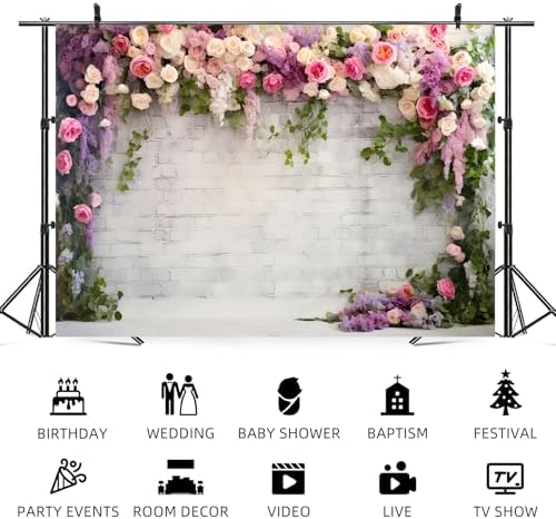 7x5ft Retro White Brick Wall Floral Backdrop Vine Leaves Rose Flowers Photography Background Bridal Shower, alternate view 5