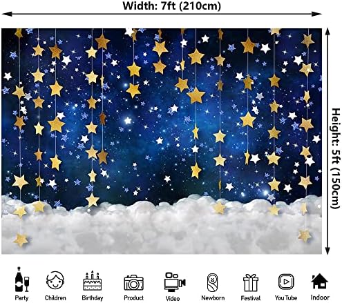 7x5ft Twinkle Little Star Backdrops Navy Blue Gold Stars with Clouds Photography Background for Baby Shower, alternate view 2