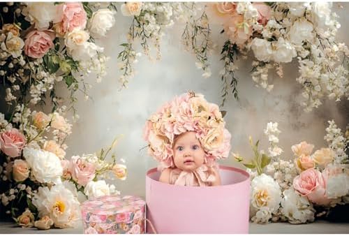 7x5ft Vinyl Flowers Wall Photography Backdrop Vinatage Wall White Pink Floral European Style Background Outdoor, alternate