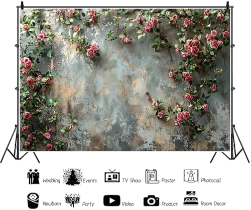 7x5ft Vinyl Old Floral Wall Photography Background Retro Texture Wall Grain Pink Rose Fairytale Birthday, alternate view 6