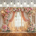 7X5ft Wedding Backdrop Floral Arch Peach Pink Roses Drapes Window Lights Background Romantic Bridal Shower