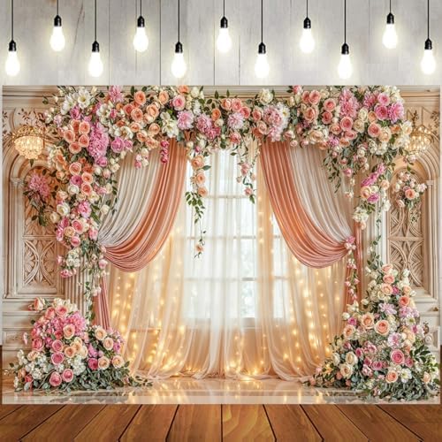 7X5ft Wedding Backdrop Floral Arch Peach Pink Roses Drapes Window Lights Background Romantic Bridal Shower