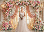 7X5ft Wedding Backdrop Floral Arch Peach Pink Roses Drapes Window Lights Background Romantic Bridal Shower, alternate view 2