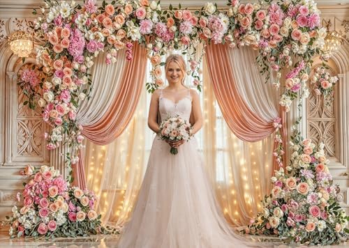 7X5ft Wedding Backdrop Floral Arch Peach Pink Roses Drapes Window Lights Background Romantic Bridal Shower, alternate view 2