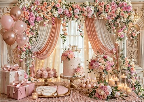 7X5ft Wedding Backdrop Floral Arch Peach Pink Roses Drapes Window Lights Background Romantic Bridal Shower, alternate view 3