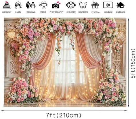 7X5ft Wedding Backdrop Floral Arch Peach Pink Roses Drapes Window Lights Background Romantic Bridal Shower, alternate view 6