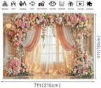 7X5ft Wedding Backdrop Floral Arch Peach Pink Roses Drapes Window Lights Background Romantic Bridal Shower, alternate view 6
