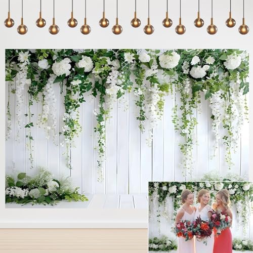 7x5ft Wedding Backdrop White Flowers Green Vines Rustic Wood Wall Photography Background Bridal Shower Birthday