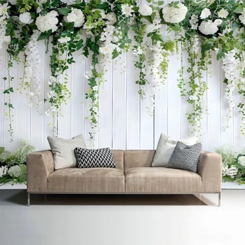 7x5ft Wedding Backdrop White Flowers Green Vines Rustic Wood Wall Photography Background Bridal Shower Birthday, alternate