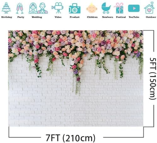 7X5FT White Brick with Flowers Backdrop Occasions Mother's Day Wedding Bridal Shower Birthday Party Banner, alternate view 5