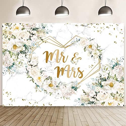 7x5ft White Floral Mr and Mrs Floral Bridal Shower Backdrop in 7x5ft in White