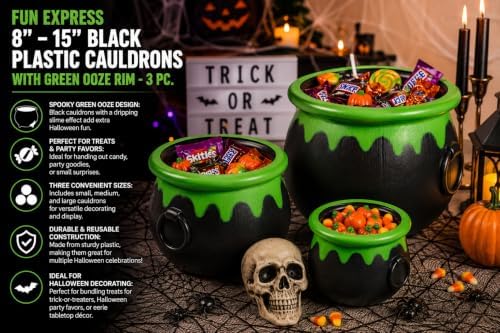 8" - 15" Black Plastic Cauldrons with Green Ooze Rim - 3 Pc., alternate view 4