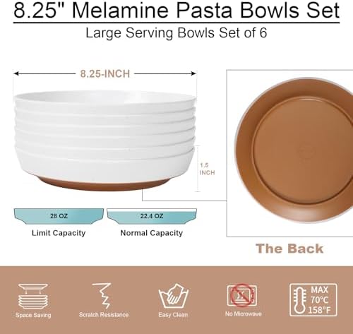 8.25" Melamine Deep Plates Set of 6-28oz Melamine Large Salad Bows, Serving Bowls for Cereal, Fruit, Soup, Deep, alternate