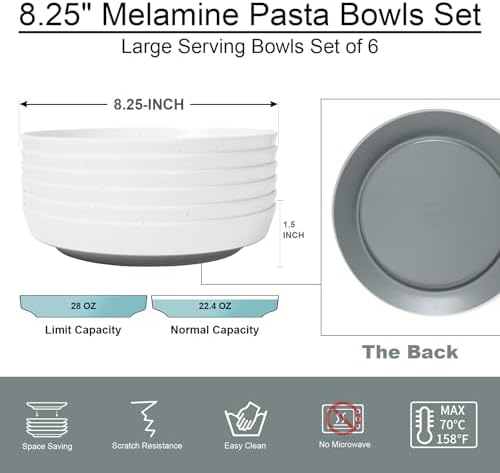 8.25" Melamine Pasta Bowls Set of 6-28oz Melamine Large Salad Bows, Durable Serving Bowls for Cereal, Fruit, alternate view 3