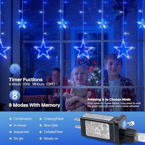 8.2FT 126L Blue White Christmas Star Icicle Curtain Lights Indoor, alternate view 3