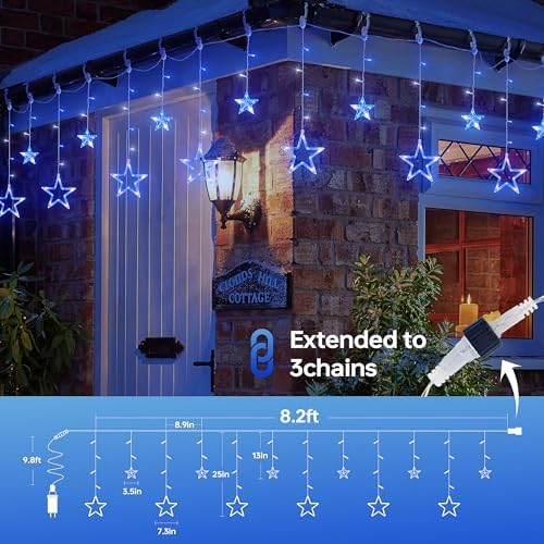 8.2FT 126L Blue White Christmas Star Icicle Curtain Lights Indoor, alternate view 6