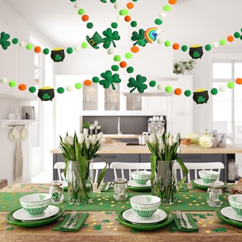 8.2Ft St Patrick's Day Garlands 3D Felt Shamrock Clover Garlands with Fabric Bead Green Hat Bunting Banner, alternate view 2