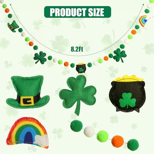 8.2Ft St Patrick's Day Garlands 3D Felt Shamrock Clover Garlands with Fabric Bead Green Hat Bunting Banner, alternate view 7