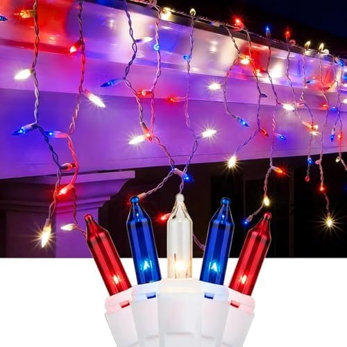 8.5 ft 150 Icicle Lights String Lights 4th of July Decorations Plug in in Red white blue
