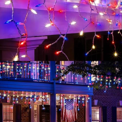 8.5 ft 150 Icicle Lights String Lights 4th of July Decorations Plug in in Red white blue, alternate view 2